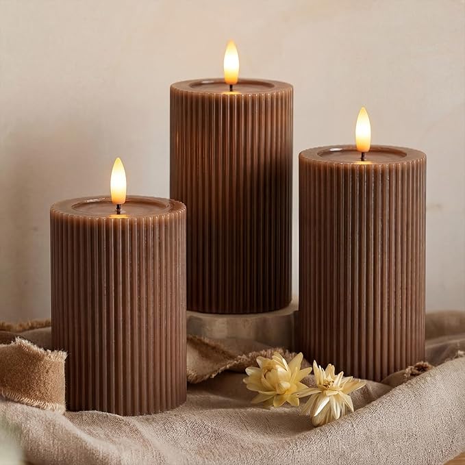Fluted Ribbed LED Pillar Candles, Brown, with Reflective Melted-Wax Effect – Flickering Flame, Remote, Dimmable, Flameless, Battery Operated, Home & Wedding Decor (Set of 3)
