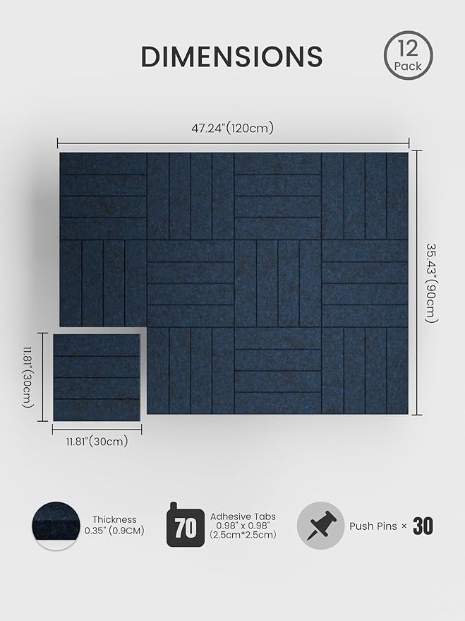 Bumusty Large Cork Board Alternative-48 x 36" Felt Bulletin Board Tiles, with 30 Pushpins, 70 Adhesive Tabs, Bold-Stripe 12-Pack, Cork Boards for Office Push Pin Board Felt Board-Carbon Blue