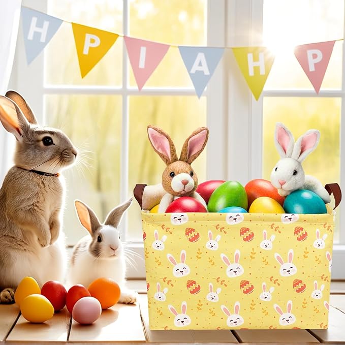 Large Rectangular Cute Kid Easter Basket Empty Bunny Eggs Easter Basket Gift Spring Room Storage Organizer Décor (Rabbit Egg Yellow Background)