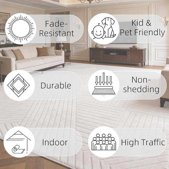 8x10 Solid Color Area Rug, Washable Beige Modern Geometric Living Room Rug,Minimalist Linear Carpet with Soft High-Low Pile, Fluffy Floor Rugs for Bedroom, Kids Room, Nursery, Home Déco