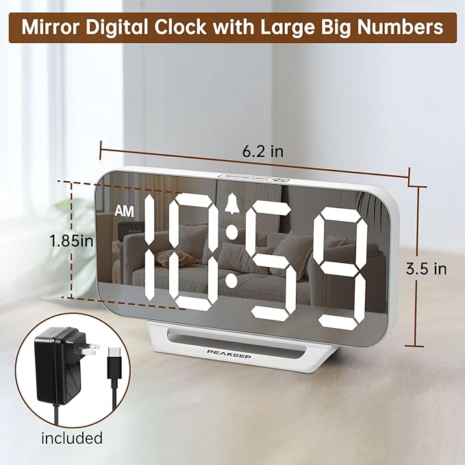 Peakeep Slim Digital Mirror Aesthetic Alarm Clock for Bedrooms Desk Decor, Plug in Electric Big LED Modern Small Clock for Office Living Room, Battery Backup, 6 Dimmers (White)