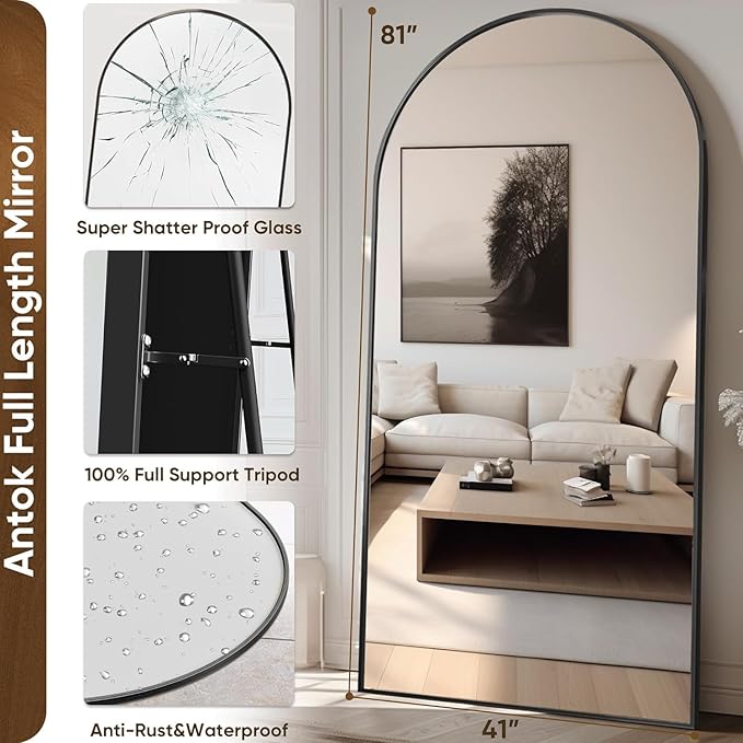 Antok Arched Full Length Mirror, 81"x41" Black Metal Frame Floor Mirror for Bedroom Living Room, Freestanding/Wall Mount/Leaning