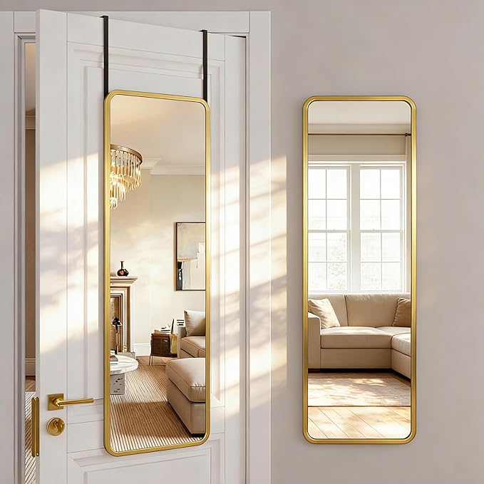 Antok 48''x 14'' Full Length Mirror Over Door, 4-in-1 Standing Leaning Wall Mounted, Adjustable Hanging Mirror for Bedroom Living Room, Gold, Rounded Corner