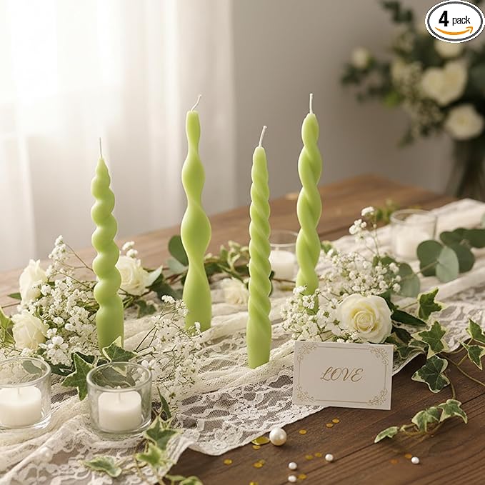 Nuanchu 4 Pcs Twisted Taper Candles Wax Unscented Smokeless Spiral Swirl Candlesticks for Wedding Holiday Dinner Party Home Decorations(7.87 Inch,Pure,Sage Green)