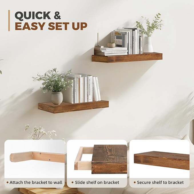 17x6.8x2 Inch Rustic Floating Shelves for Wall Set of 2 - Brown Solid Wood Wall Mounted Shelves with Invisible Bracket, Compact Design for Farmhouse Living Room Bedroom Kitchen Decor
