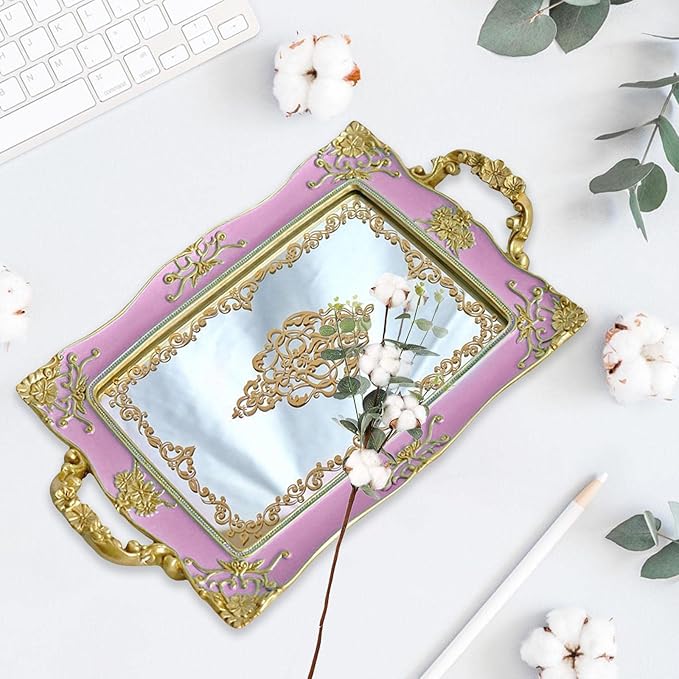 French Style Decorative Mirror Tray, Dresser Counter Coffee Table Jewelry Perfume Organizer for Makeup Jewelry (Purple)