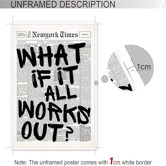 Drimiler Retro Black And White Newspaper Poster What If It All Works Out Canvas Wall Art Positive Affirming Quote Minimalist Prints Painting For Home Bedroom Dorm Wall Decor 8x12in Unframed