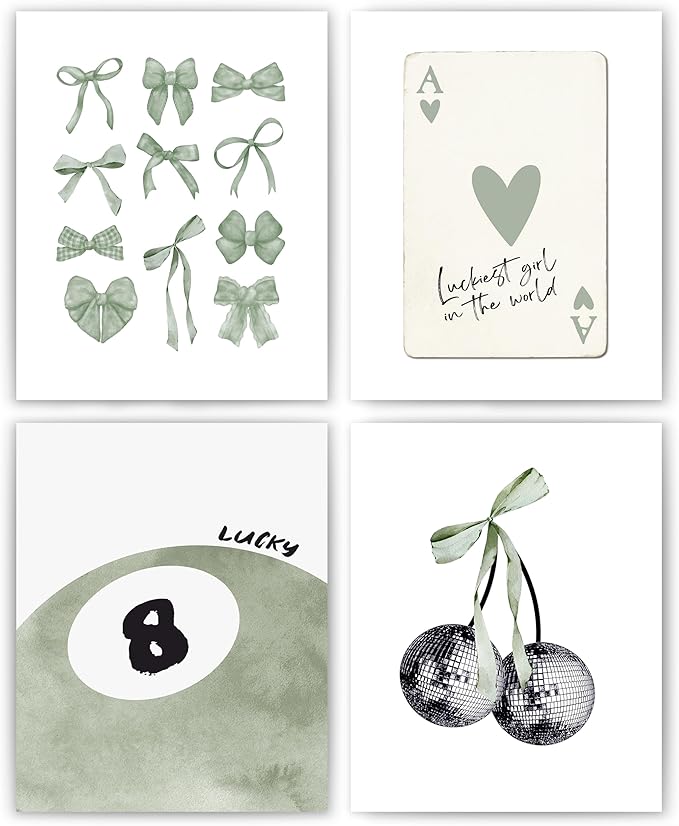 okaxscm Sage Green Coquette Trendy Preppy Wall Art Prints Set of 4, Coquette Preppy Room Decor Aesthetic, Green Bow Disco 8 Ball Cherry Wall Decor Posters for Girls Bedroom Dorm, 8x10 Unframed