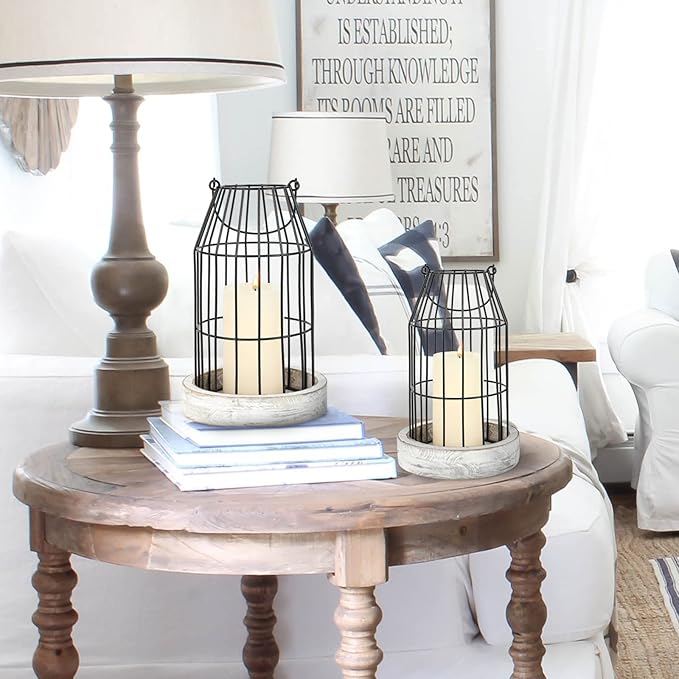 Rustic Wire Metal Cloche Set of 2 Candle Lantern Decorative Indoor Outdoor Vintage Cage Candle Holders Modern Farmhouse Decor for Fireplace Mantle Entryway Living Room Kitchen Dining Table Centerpiece