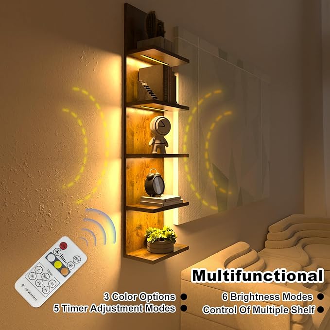 Homaterial 5 Tier Wall Shelf Unit, Modern Vertical Lack Wall Shelves with Light, Wall Mount, Floating Column Home Decor Shelves for Bedroom, Living Room, Vanity Storage Display(Dark Brown)