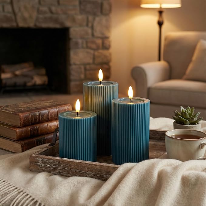 Fluted Ribbed LED Pillar Candles, Blue, with Reflective Melted-Wax Effect – Flickering Flame, Remote, Dimmable, Flameless, Battery Operated, Home & Wedding Decor (Set of 3)