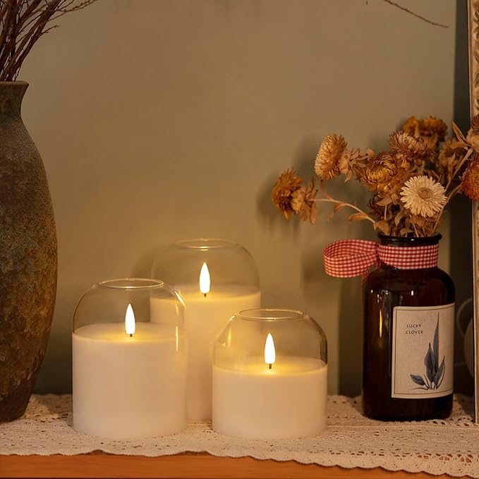 volnyus Clear Glass Flameless Candles with Remote Battery Operated Flickering LED Pillar Candles Real Wax Wick Φ 3"" H 4"" 5"" 6"", Gold