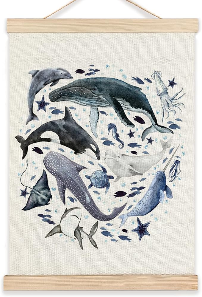 RYYCDOI Ocean Marine Life Wall Art, Sea Animal Whale Dolphin Turtle Shark Poster Hanger Frame for Kids Room Nursery Bathroom Decor, Under the Sea Decor, 12x16 Inches
