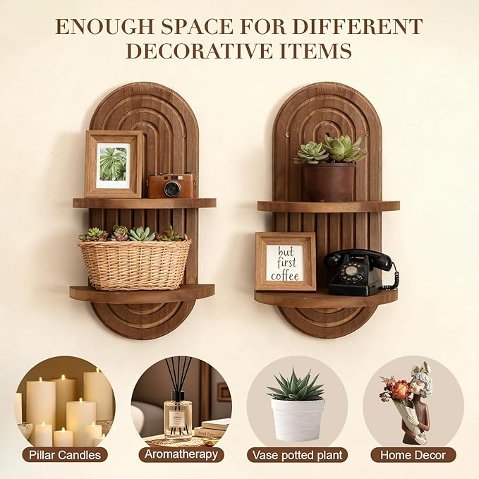 SHOHAYTO Boho Wall Shelves Set of 2 - Rainbow Arch Floating Shelves for Bedroom, Wooden Wall Shelf with Double Layer Design, Mid Century Modern Decor for Nursery, Living Room & Office