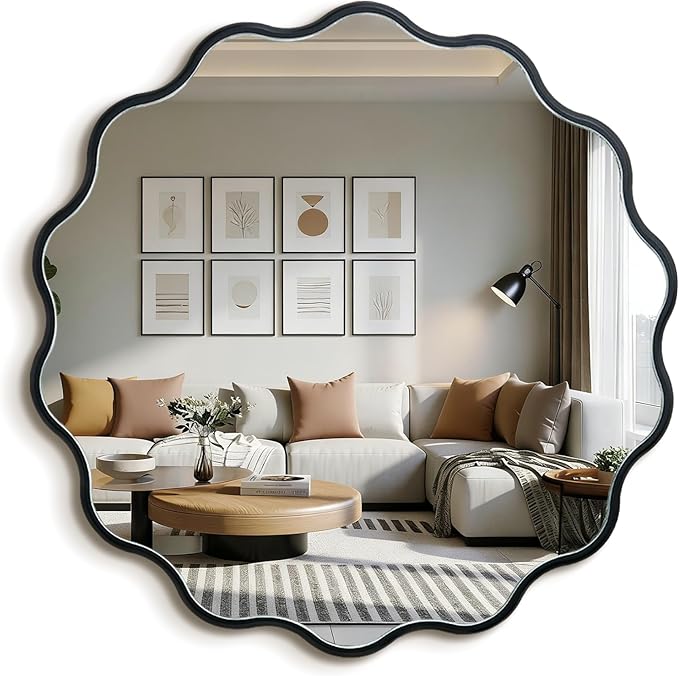 Round Wavy Black Mirror 17" Wall Decorative Mirror Wood Frame Circle Modern Mirror Bathroom Vanity Mirror for Bathroom Entryway Living Room Bedroom Hallway