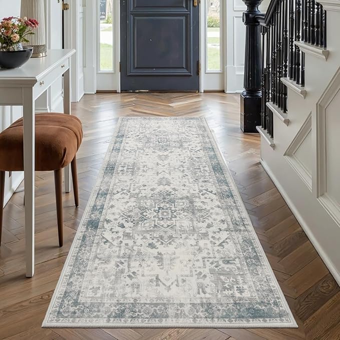 Rugxara 2x5 Hallway Runner Rug, Non Slip Boho Runner Rugs for Hallway, Kitchen, Entrance, Bathroom, Laundry Room, Soft Ultra-Thin Entryway Carpet, Throw Low Pile Retro Imitation Wool Carpet, Blue Grey