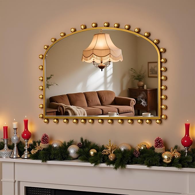 36"x28" Wide Arched Wall Mirror, Antique Gold Ball Frame with Beveled Glass, Large Horizontal Mantel Piece Over Fireplace or Above Sofa, Statement Metal Frame for Living Room