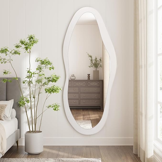 AAZZKANG Irregular Full Length Mirror Wooden Asymmetrical Wall Mirrors Modern Large for Bedroom Dressing Room Living Room Entryway White 47"x20"