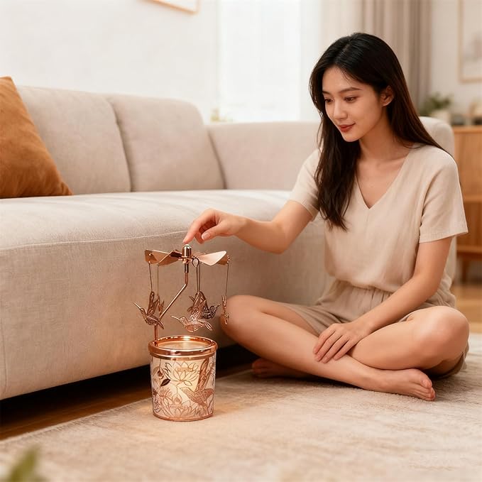 Metal Rotary Candle Holder Spinning Windmill Tea Light Carousel Decor for Home & Gifts (Rose Gold Hummingbird)