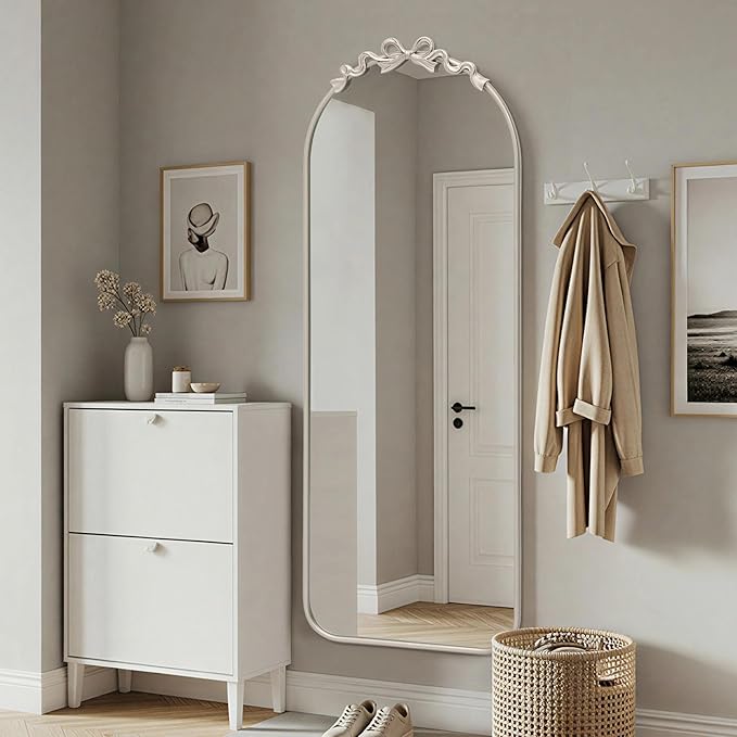 Besdomus Arched Mirror Full Length: 21"x56" Bow Champagne Silver Large Floor Standing Mirror - Antique Baroque Traditional Ornate for Entryway/Cloakroom/Bedroom - Home Decor for Fashion-Conscious