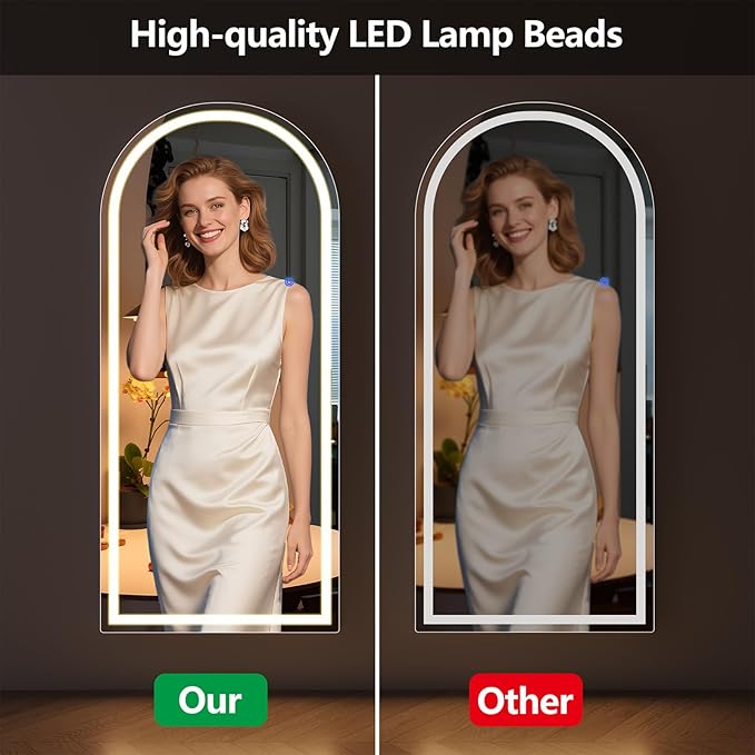 Full Length Mirror with LED Lights, LED Mirrors Full Length Floor Mirror Full Body Mirror for Bedroom Wall Mounted Free Standing (Arched, 68" L×26" W)