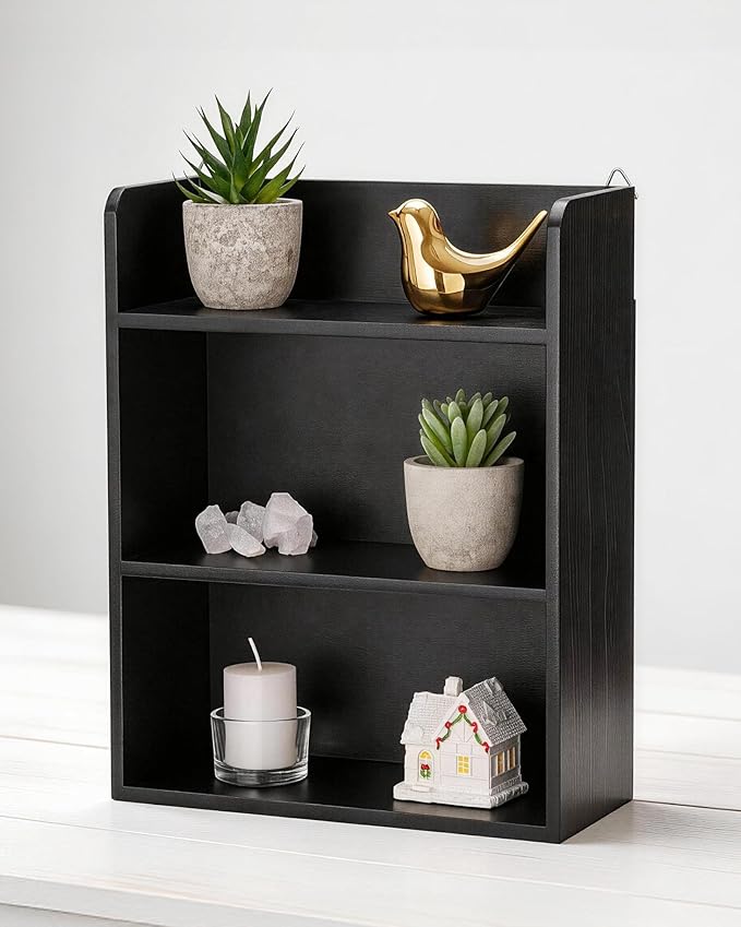 3-Tier Trinket Shelf, Small Display Shelf for Desk or Wall, Wooden Knick-Knack Shelves for Collectibles, Perfume & Crystal Storage, Black