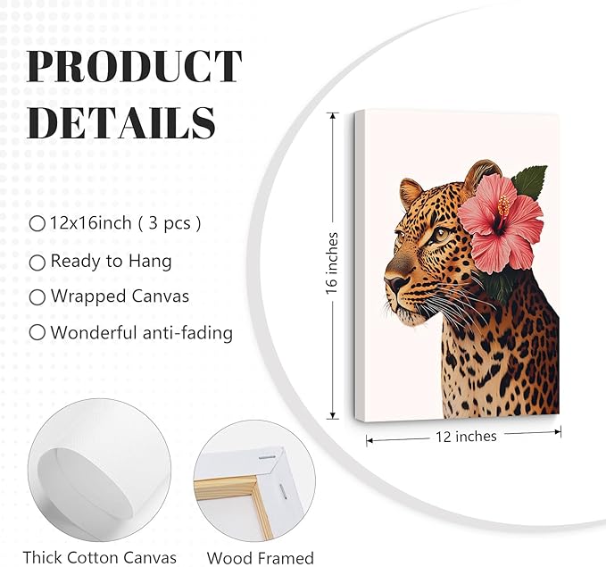 Trendy Leopard Wall Art Pink Cheetah Print Room Decor Leopard Flower Canvas Wall Decor Cheetah Aesthetic Poster Girly Pink Preppy Picture Funky Y2k Artwork for Girl Bedroom 12x16x3 Inch Wrapped Canvas