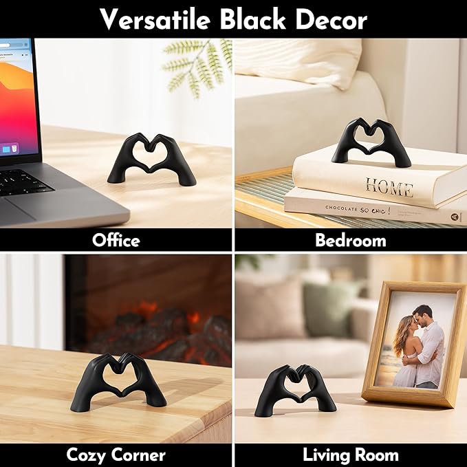 Gold Decor Living Room – Mini Small Heart Hands Sculpture – Shelf Decor Aesthetic – Cute Home Accent Table & Shelves – Love Statue - Gifts Girlfriend, Wife, Women, Teen Girls, Valentine (Black, Mini)