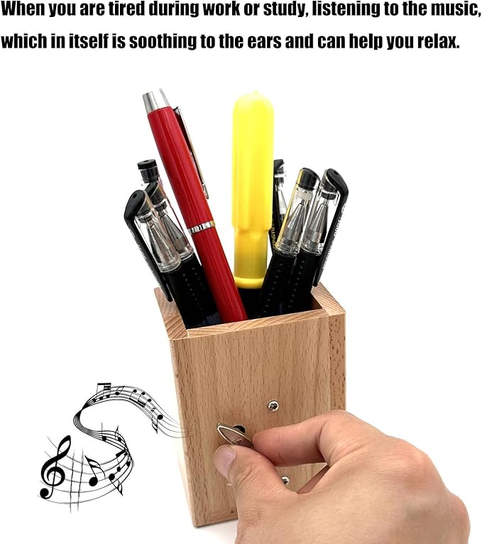 Solid Wood Pen Holder Photo Frame Wind Up Music Box for Desk, Multi Purpose Pencil Cup Makeup Brush Holders Organizers for Work and Study, Home, School, Office Desktop