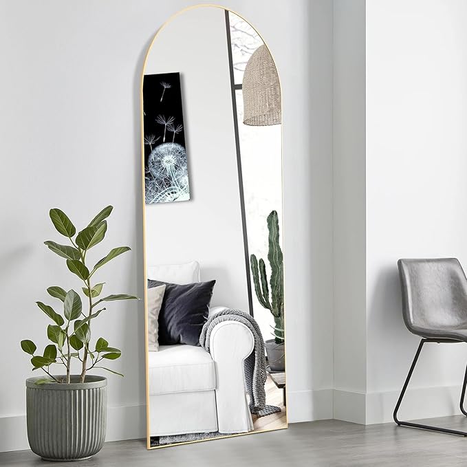 OLIXIS Gold Arched Full Length Mirror 60"x16" for Bedroom, Full Body Mirror with Stand, Hanging or Leaning for Wall, Aluminum Alloy Thin Frame Floor Standing for Living Room