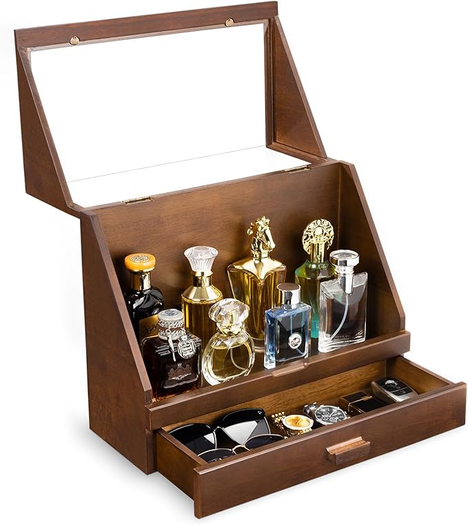 Miratino Cologne Organizer for Men, Wood Cologne Stand with Drawer, Large Capacity Cologne Shelf with Cologne Holder Display Large Storage Size15.6 * 11.8 * 6.1in