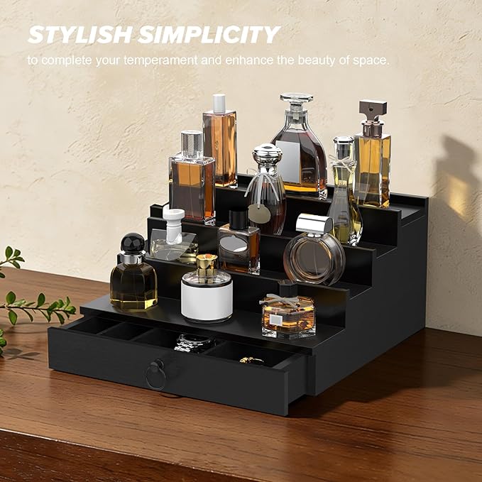 upcessory Cologne Organizer for Men, 4 Tier Perfume Stand, Cologne Shelf with Drawer and Hidden Compartment Perfume Display Holder, A Gift for Men