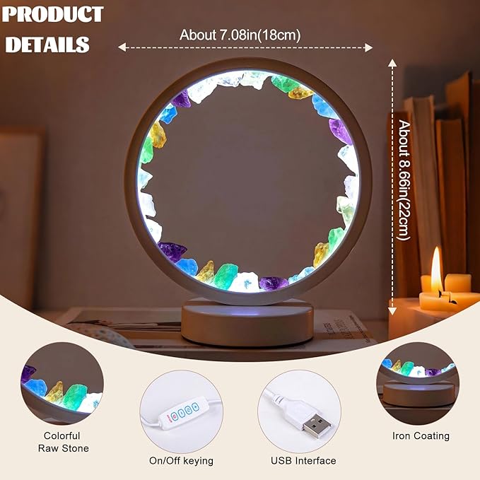 Runyansghi Chroma Gravel Night Lamp 8.6" Natural Healing Crystal Bedside Lamp USB Port 3 Colours Dimming Mode Bedroom Lamp Suitable Night Light for Living Room Bedroom Office Home Decor Ideal Gift