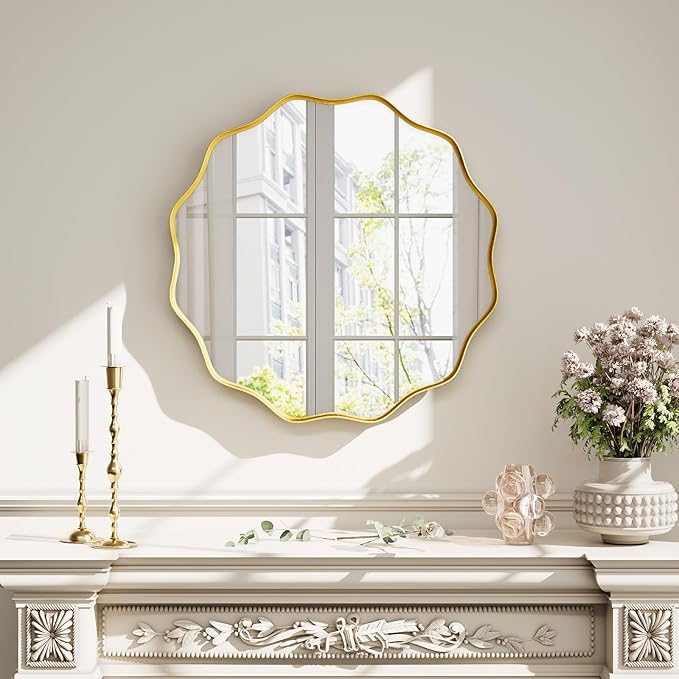 Round Wavy Mirror - 24 Inch Bathroom Vanity Mirror Metal Frame Circle Wall Mounted Mirror for Bedroom Living Room Entryway, Gold
