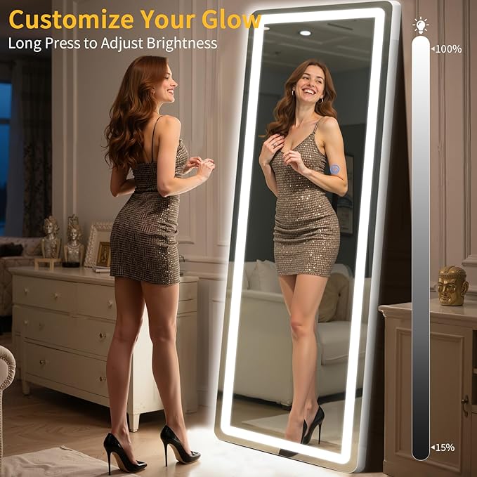Standing Mirror Full Length with LED Lights, 71"x26" Lighted Mirror with Dimming & 3 Color Lighting, Tall Mirror Full Body for Bedroom, Dressing Room