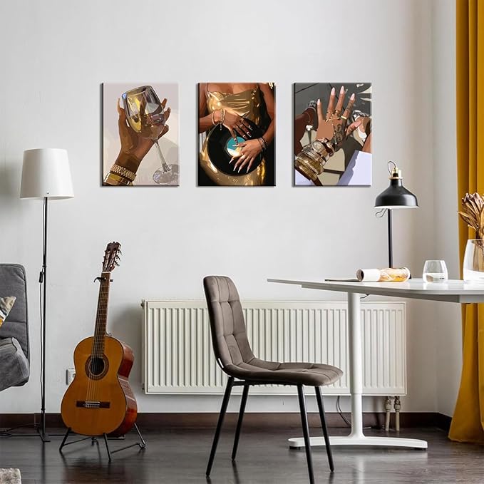 Black Girl Wall Art Set of 3, Gold African American Woman Wall Decor Painting Black People Canvas Poster Prints Pictures Aesthetics for Living Room Bedroom Dorm Framed 16x24 inch