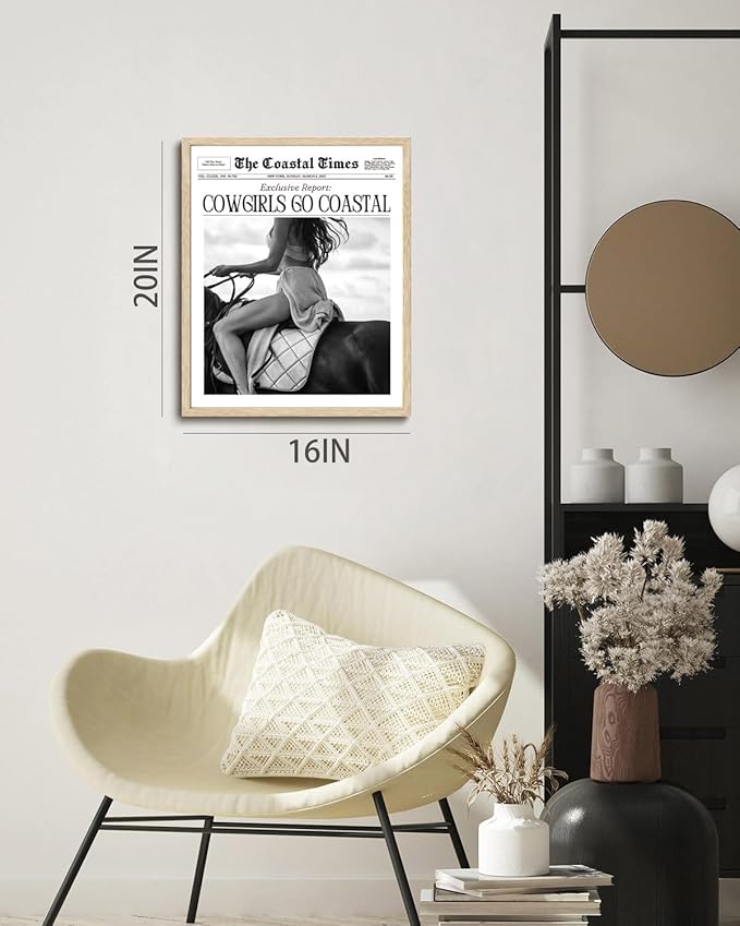 Bwodke OAK Wood Framed Wall Art Cowgirls Go Coastal Canvas Art Vintage Newspaper Pictures Wall Decor Trendy Western Horseback Riding Times Prints for Girly Dorm Bedroom 16"x20"