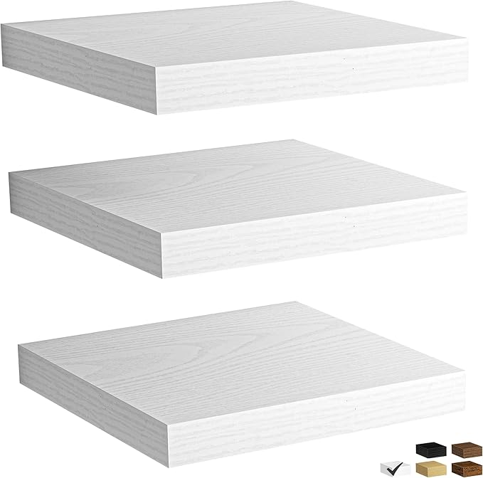 Fun Memories Rustic Floating Wall Shelves, Wall Mounted Wood Storage & Display Shelves for Bathroom, Bedroom, Living Room or Kitchen, (Set of 3, White, 12 in)