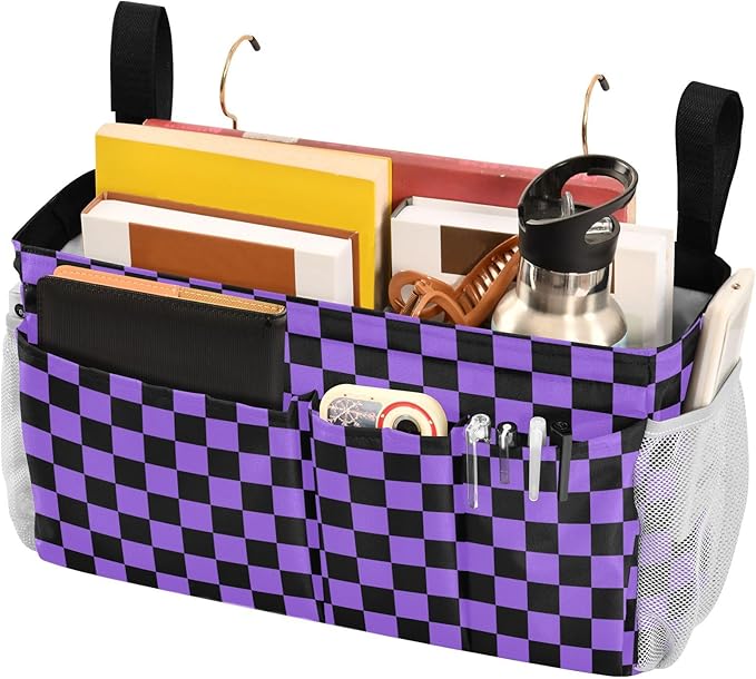 Checkerboard Black Purple Plaid Print Bedside Caddy Storage Bag Bedside Organizer for Bunk Bed Headboards College Organizer Caddy Hanging Shelf 6 Pockets with Hooks for Drinks Magazine Phone Holder