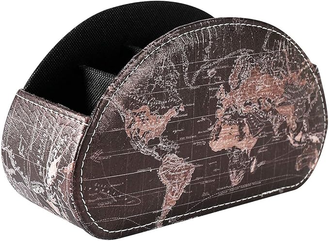 Remote Control Holder, Spacious Decorative PU Leather Makeup Organizer with 5 Compartments, Table Decor Storage Remote Caddy for TV, DVD, Blu-Ray, Office Supplies World Map Black PH56