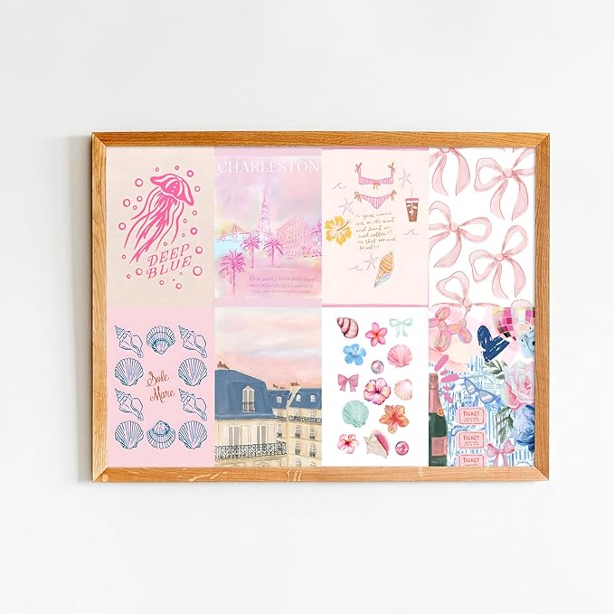 KBKBART Coastal Granddaughter Room Decor, Pink and Blue Wall Collage Kits, 50 Pcs 4x6 Inch Beachy Aesthetic Wall Art Prints Posters, Coastal Cowgirl Room Dorm Wall Decor for Teen Girls