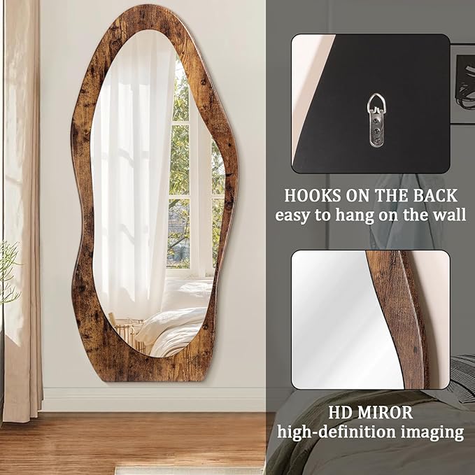 Full Length Mirror 59" x 24" Irregular Wall Mirrors Wood Framed Full Body Mirror Hanging or Leaning Against Wavy Floor Mirrors for Living Room Bedroom Entryway Bathroom Retro Brown