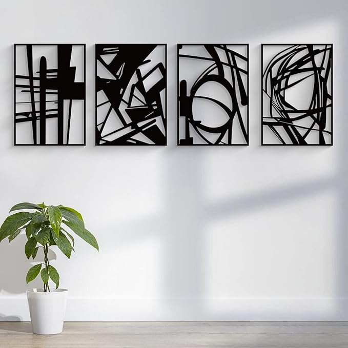 Glamativity Large 4 Pack Black Abstract Metal Wall Art, Minimalist Décor Single Line Art Wall Décor, 3D Textured Metal Wall Sculptures, for Living Room Bedroom Bathroom Study Room (Black, L Size 22.5