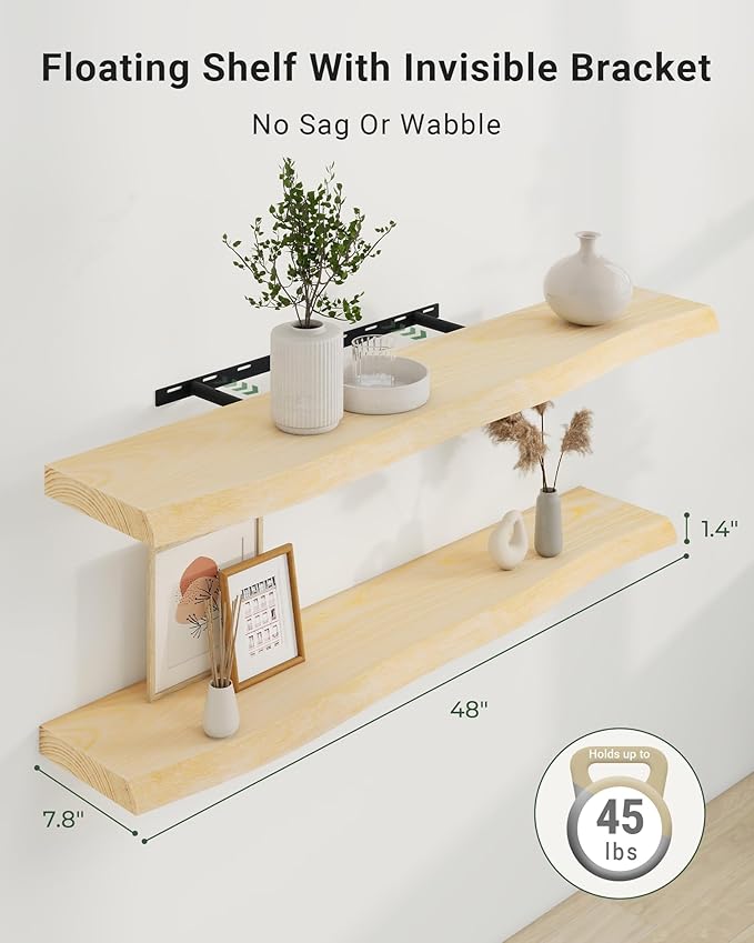 Axeman 48" Solid Wood Floating Shelves for Wall Decor, USA-Sourced Rustic Ash Wood Live Edge Shelf with Upgraded Heavy Invisible Bracket, Wall Mounted Shelf for Kitchen Bathroom Living Room, Natural
