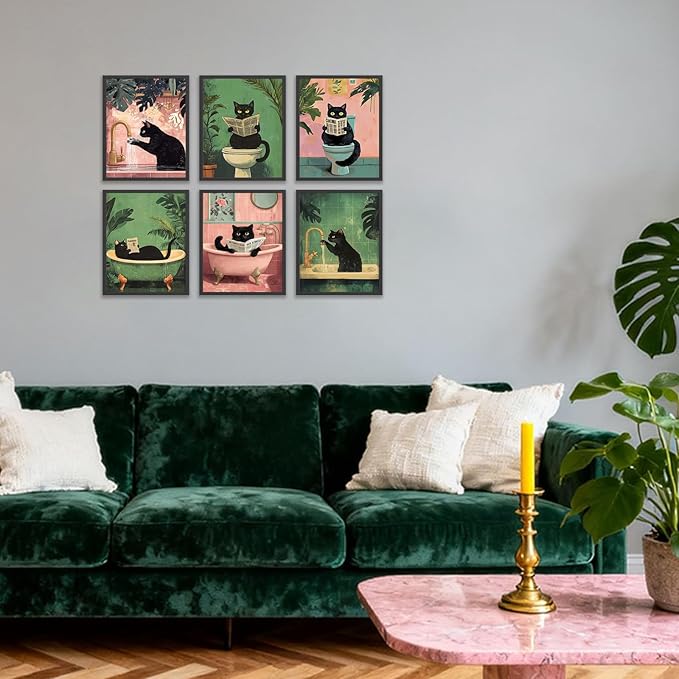 KBKBART Funny Cat Bathroom Wall Art Prints Poster, Black Cat Pictures Bathroom Canvas Wall Decor Toilet Art Vintage Painting Artwork Set of 6 Unframed Posters, 8x10 inches