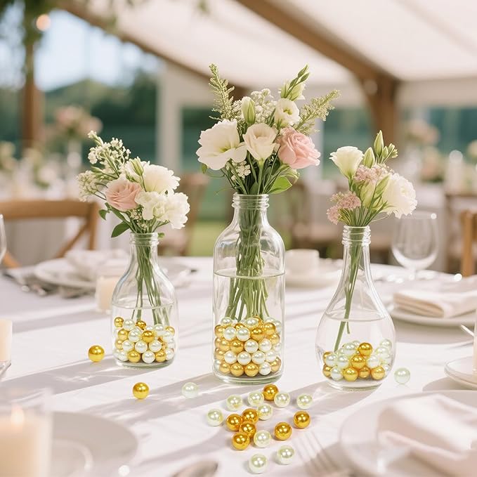 350Pcs Cream&Gold Vase Filler Pearl Beads for Crafting 12mm Beads No Holes Decor Suitable for Wedding Decor, Party Decorations, Centerpiece Table Decorations