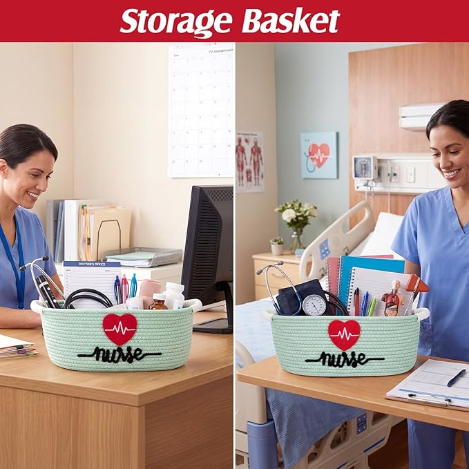 Colingmill 2026 Graduations & Nurses Week Gift Basket Empty to Fill, Woven Rope Basket 15" x 11" x 6" Decorative Storage Baskets with Gift Bag, Bow, Tissue Paper & Year Charm(Mint Green)
