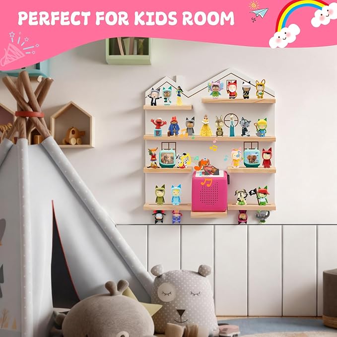 Gieanoo Large Tonie Shelf for Toniebox,for Toniesbox 1 and Toniesbox 2 Tonie Shelf Wall Mounted Magnetic Pine Wooden Floating Shelves Compatible with Tonie Box Player Tonie Figures Storage(White)