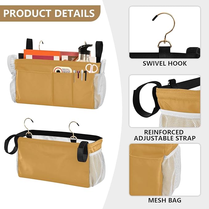 Mustard Yellow Bedside Caddy Storage Bag Bedside Organizer for Bunk Bed Headboards College Hanging Bag Bedside Shelf 6 Pockets with Hooks for Magazine Water Bottle Holder