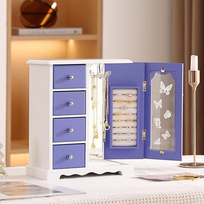 Wooden Jewelry Box, Solid Jewelry Organizer Makeup and Organizer Women Ring Storage with 4 Drawers, Wood Jewelry Case with Mirror for Necklaces Earring Rings, Purple